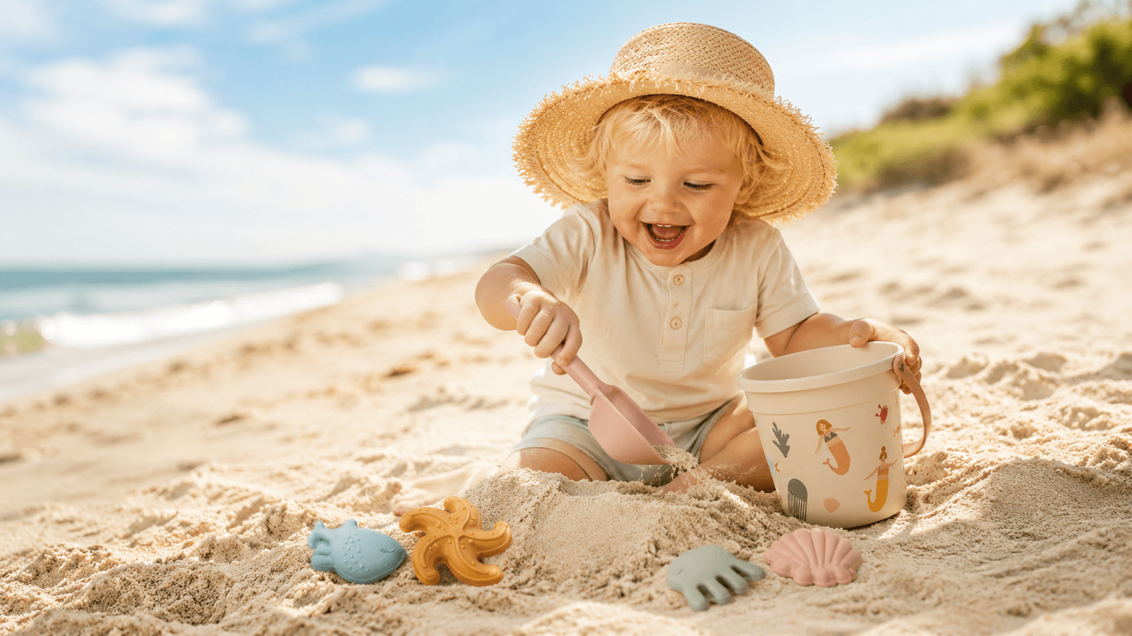 Menino feliz a brincar na praia com baldinho e moldes